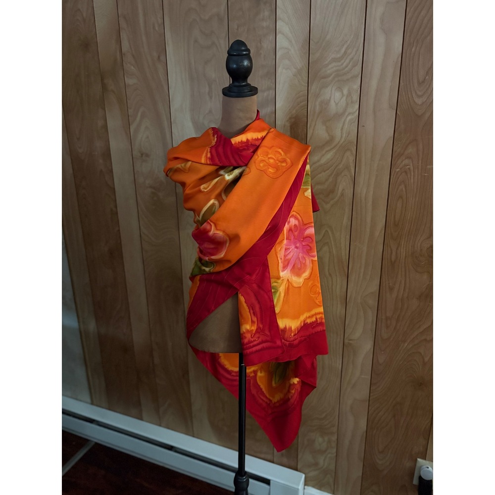 Surface Orange Red Tropical Floral Print Wrap Scarf Shawl Made in India